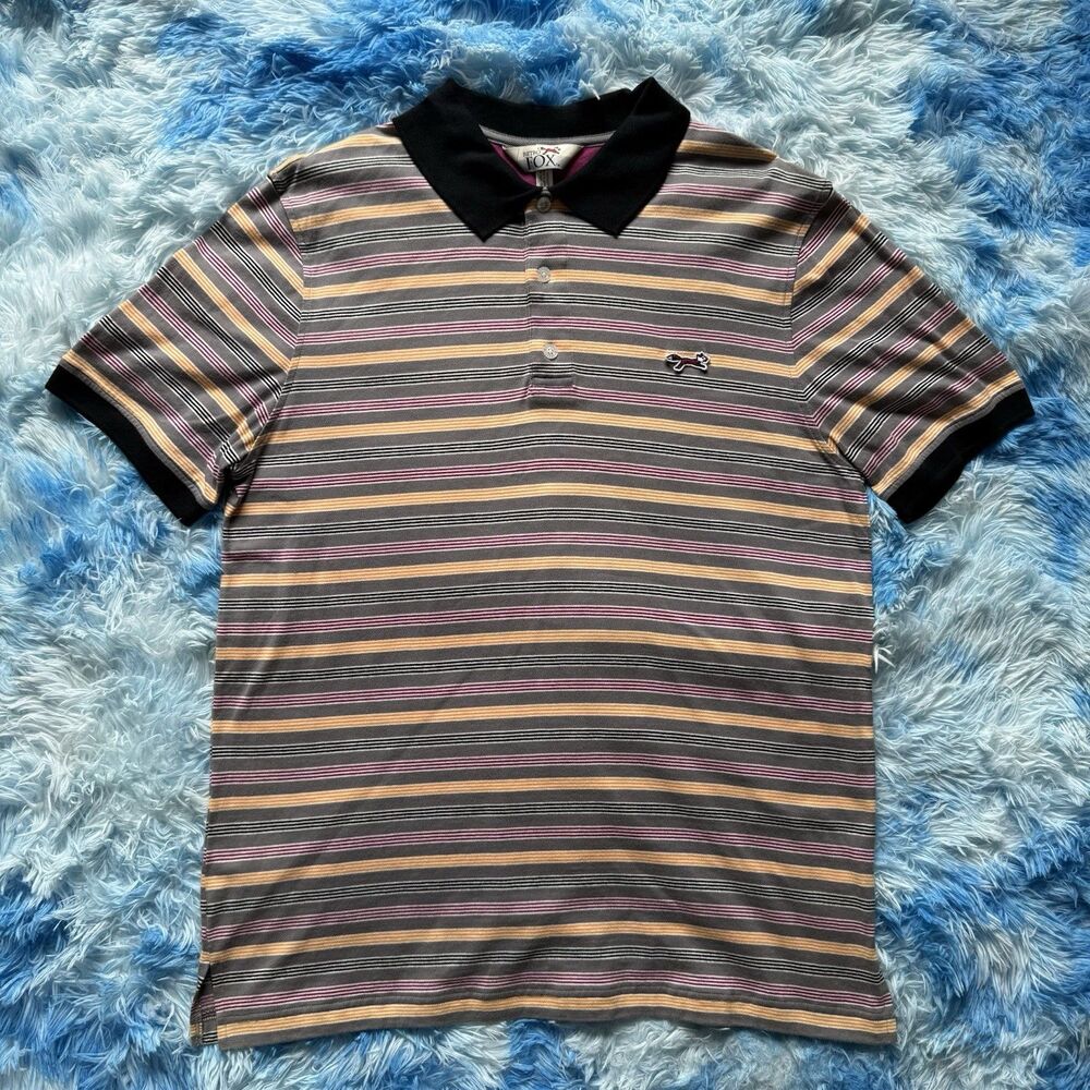 Retro Fox Striped Polo Shirt Mens XL Black Collar Multi Stripe